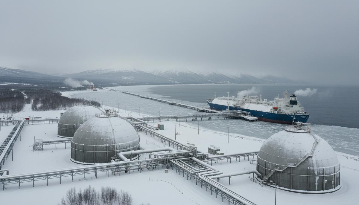 Терминал сжиженного природного газа на заснеженном побережье Аляски. Большие хранилища СПГ и пришвартованный танкер-газовоз.