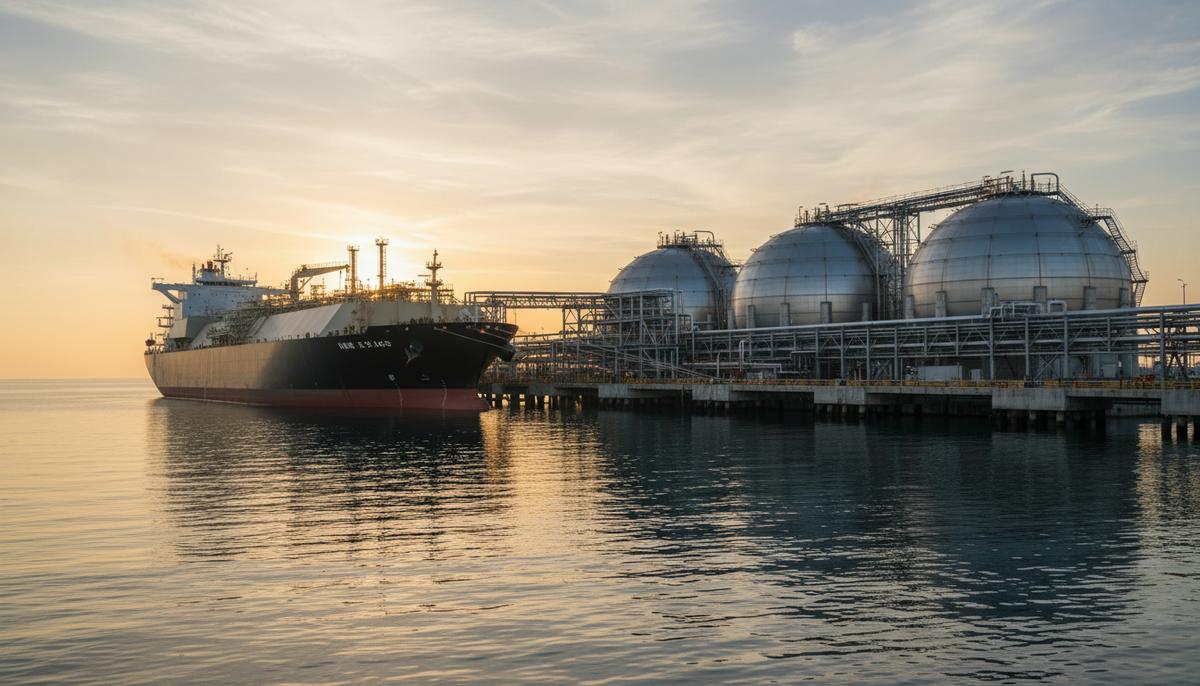 Equinor получила первую партию СПГ из США по новому долгосрочному контракту Танкер-газовоз для СПГ у причала крупного промышленного терминала на рассвете. Видны сферические резервуары и трубопроводы.