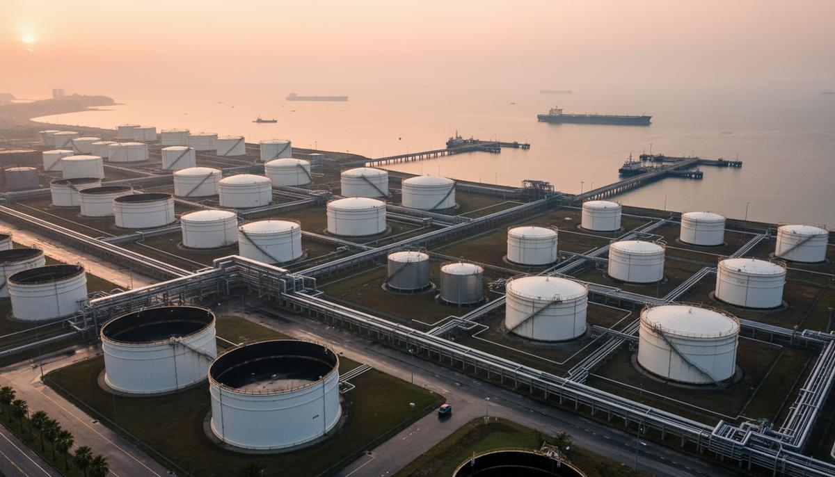 Массивные цилиндрические резервуары для хранения нефти в порту Сингапура на рассвете, на фоне видны причалы и танкер в море.