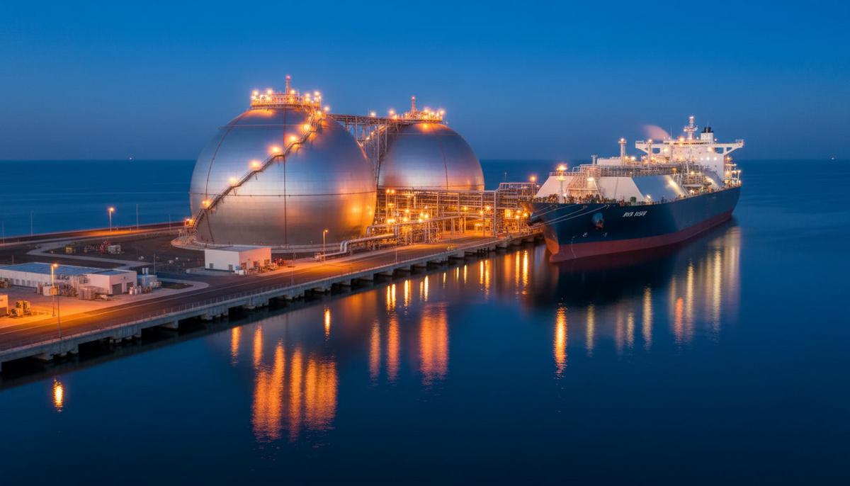 ADIPEC 2026 в Абу-Даби определит будущее мировой энергетики и рынка СПГ Современный терминал СПГ с большими сферическими резервуарами и танкером-газовозом у причала в вечернее время.