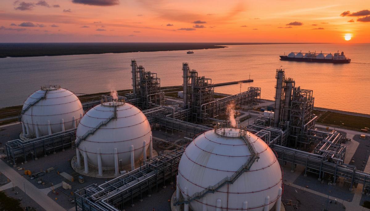 Современный завод по сжижению природного газа с крупными сферическими резервуарами на берегу моря во время заката.