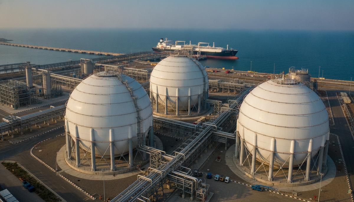 Крупные сферические резервуары для хранения сжиженного газа в современном портовом терминале Индии на рассвете.
