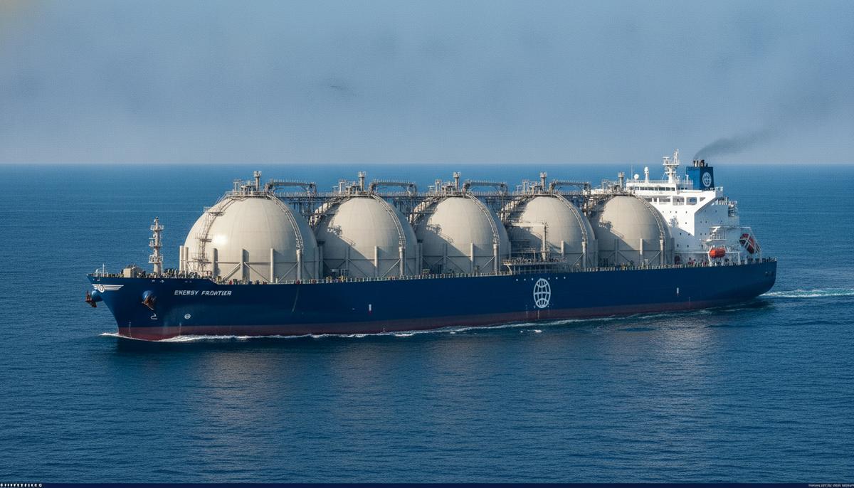 Крупный современный танкер для перевозки сжиженного природного газа плывет по открытому океану в ясную погоду.