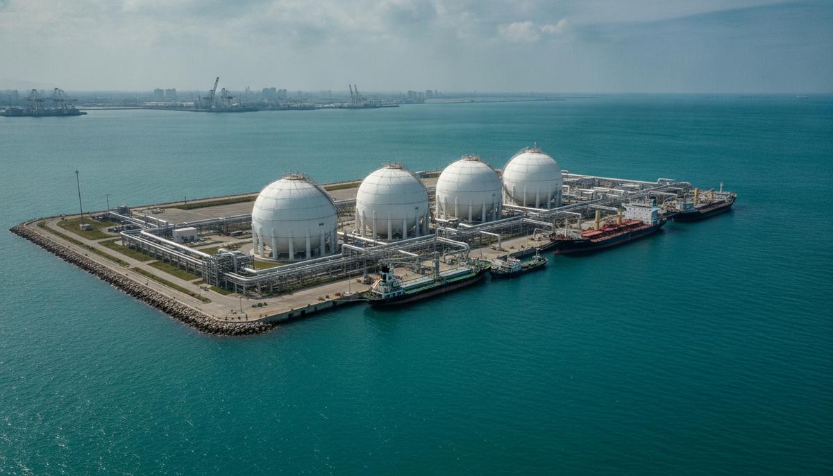 Промышленный СПГ-терминал в морском порту с белыми резервуарами для газа, трубопроводами и пришвартованными судами.