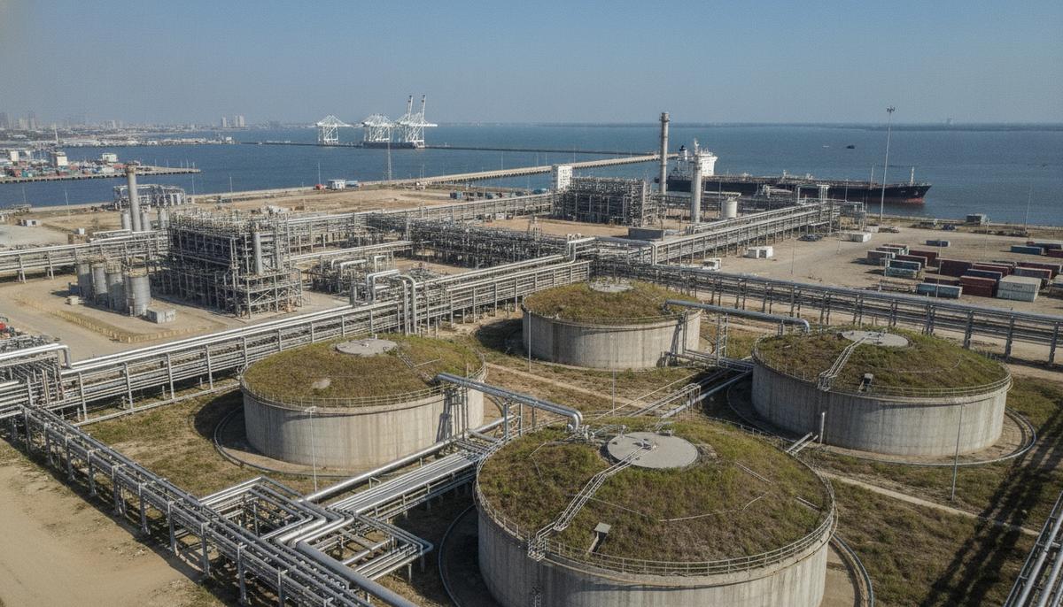 В Нигерии завершен первый этап строительства газового терминала Asiko Energy Промышленный газовый терминал с большими обвалованными резервуарами и трубопроводами под открытым небом.