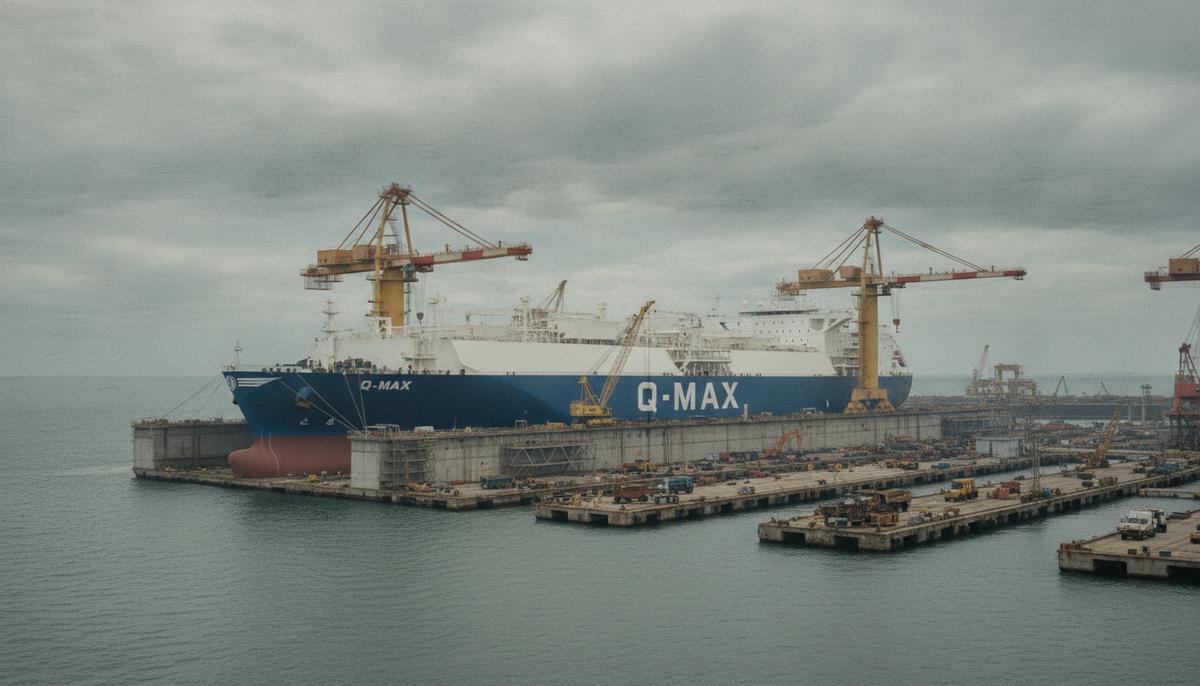 Golar LNG приобрела газовоз «Grace Dahlia» для переоборудования в СПГ-завод Крупный танкер для перевозки СПГ стоит у причала промышленной судоверфи рядом с высокими портовыми кранами.