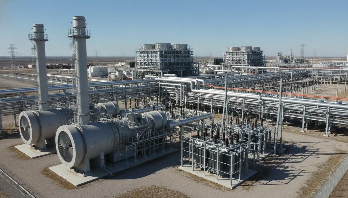 Промышленные газовые турбины, трансформаторы и система трубопроводов на крупном заводе природного газа.