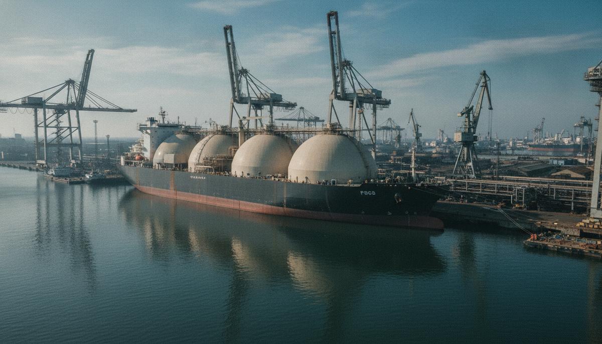 Судно для хранения и регазификации СПГ со сферическими резервуарами пришвартовано на территории верфи.