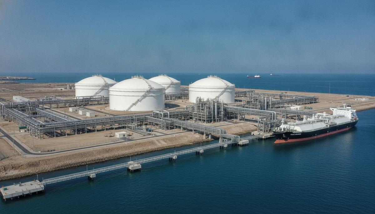 FERC предложила программу ускоренного развития инфраструктуры СПГ в США Современный завод по производству СПГ с крупными резервуарами и сложной системой трубопроводов.