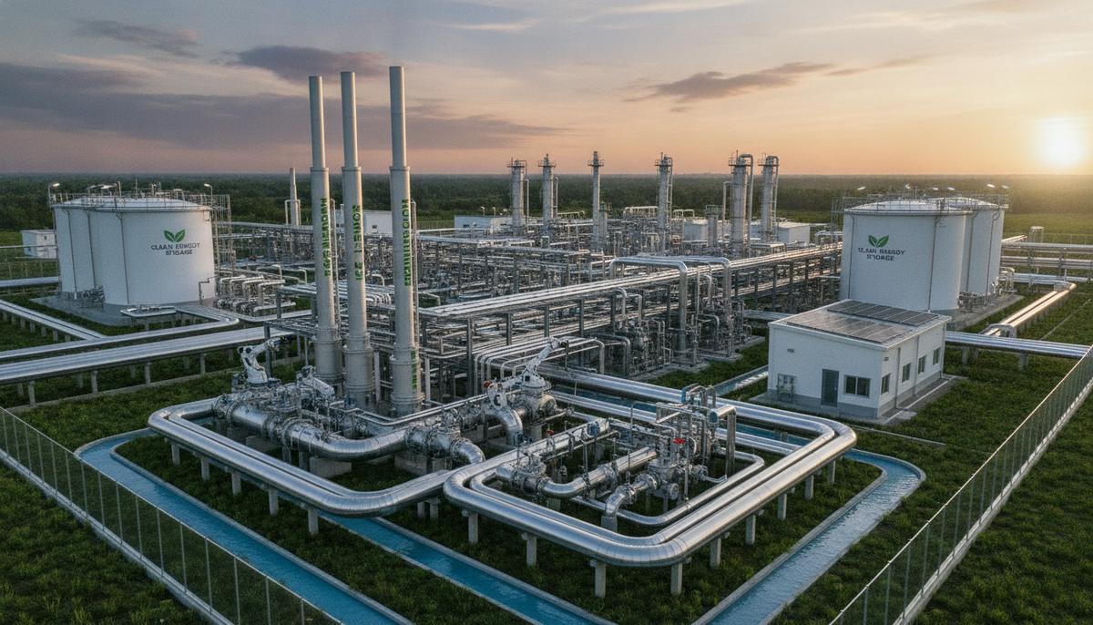 Eni в третий раз подряд получила золотой стандарт ООН за учет выбросов метана Современный завод по переработке природного газа с сетью трубопроводов, вентилей и резервуаров на фоне утреннего неба.