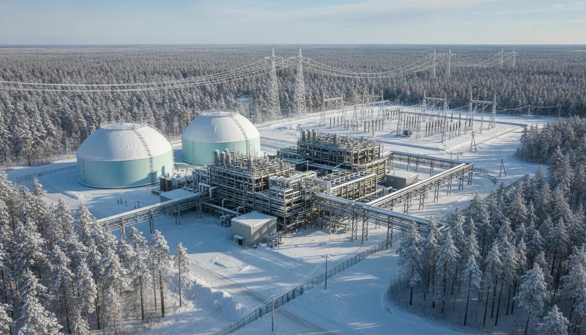 Современная СПГ-электростанция с газовыми резервуарами и промышленной инфраструктурой в заснеженном северном лесу.