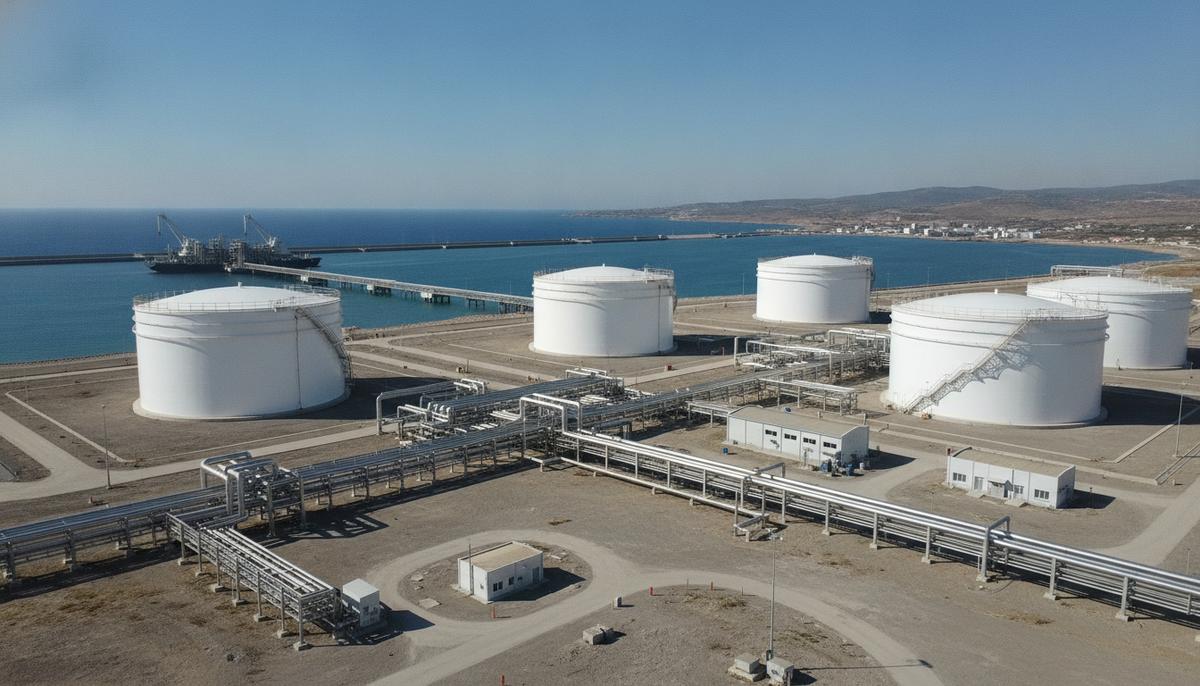 QatarEnergy продлила форс-мажор по поставкам СПГ в Италию до конца 2026 года Морской промышленный терминал для приема СПГ с массивными резервуарами, сетью трубопроводов и водным причалом днем.