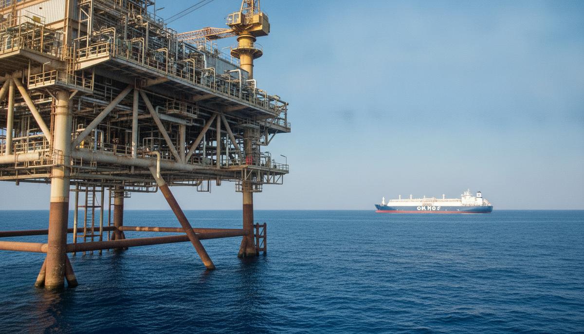 Морская газодобывающая платформа в море с подводным трубопроводом и танкер-газовоз на горизонте.