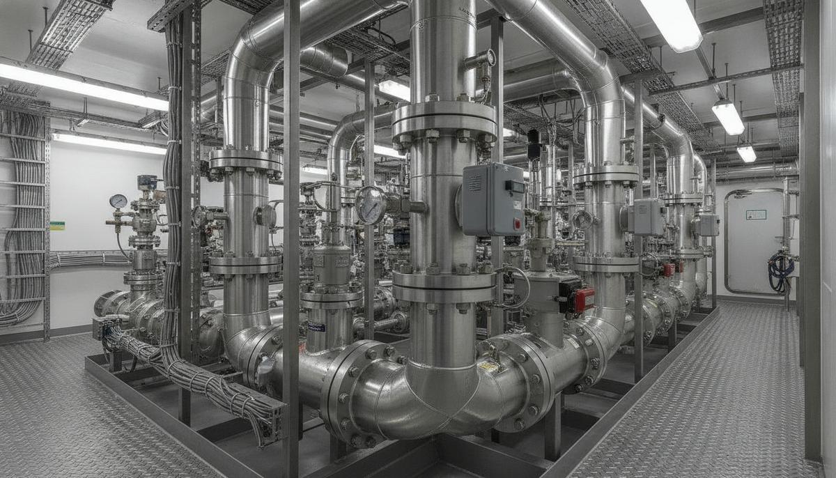 Промышленная система газовых клапанов для СПГ-судов с металлическими трубами, фланцами и механическими узлами.